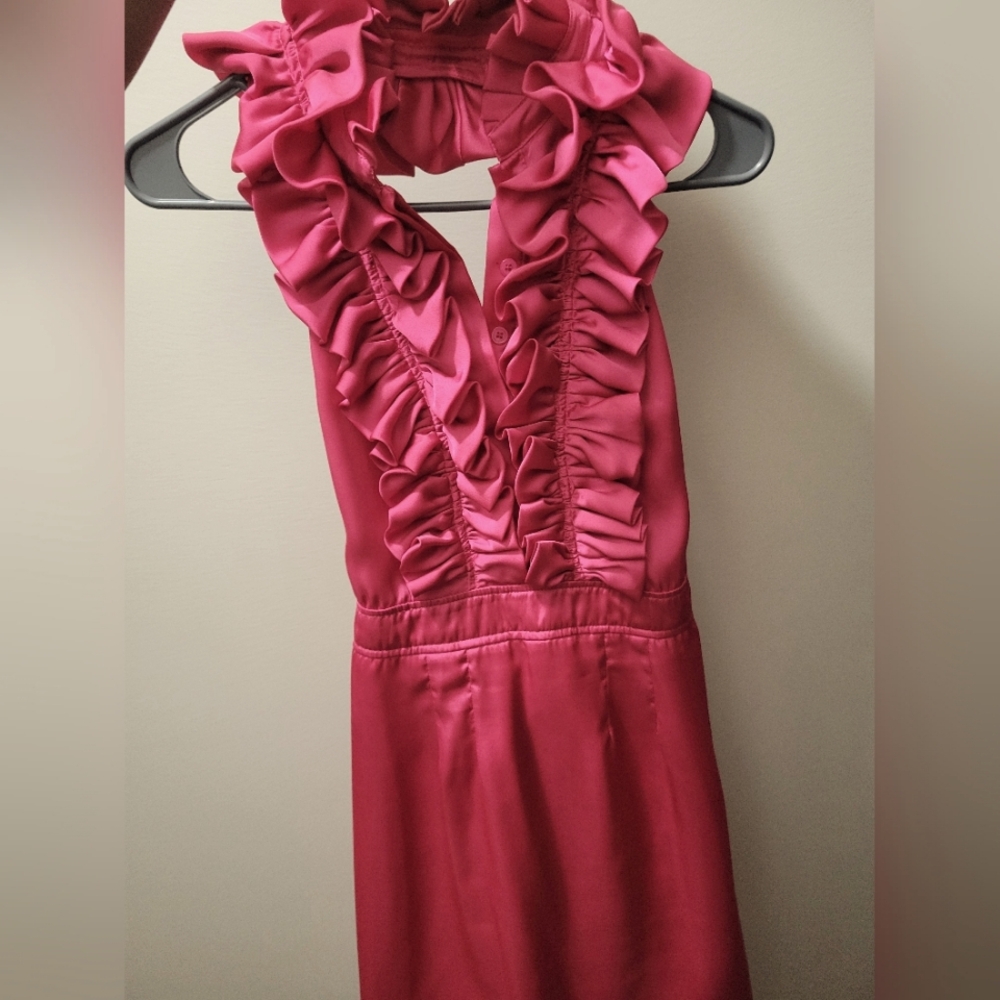 Fuchsia pink halter top ruffle dress.